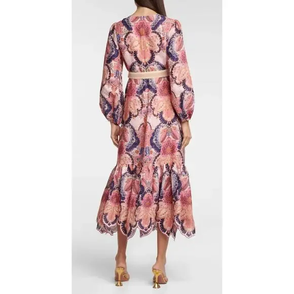 Zimmermann Laurel Billow Belted Puff Sleeve Midi Linen Dress Pink Purple - Picture 5 of 16